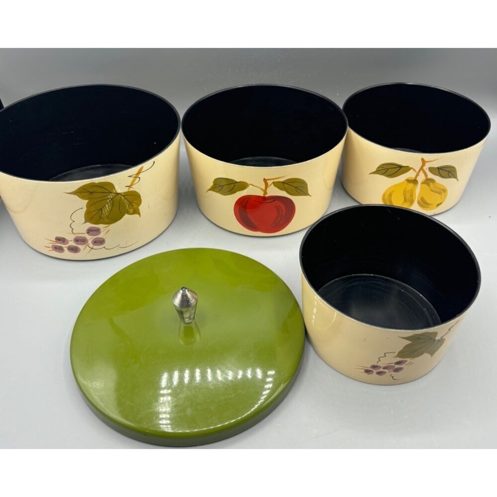 Vtg Set Nesting Bowls Canister Set Hand Painted Fruit Covered Dish Lacquer Ware